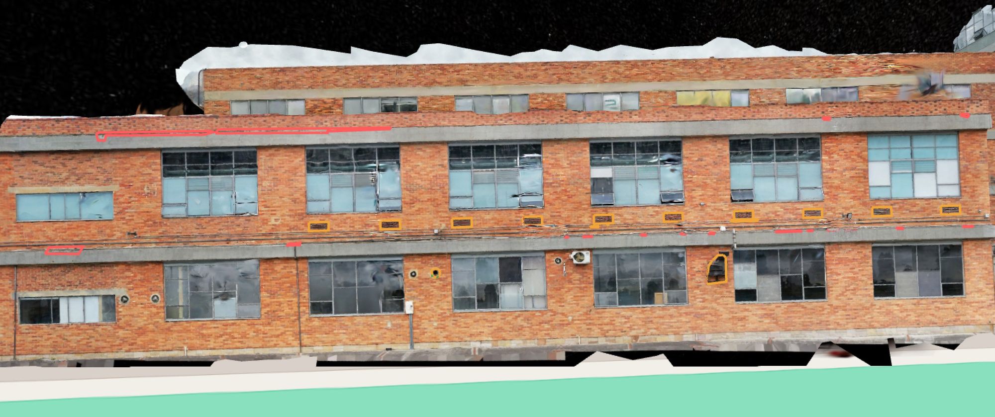 Modelo 3D real de una fachada de ladrillo inspeccionada con dron, con los hallazgos marcados en rojo y naranja